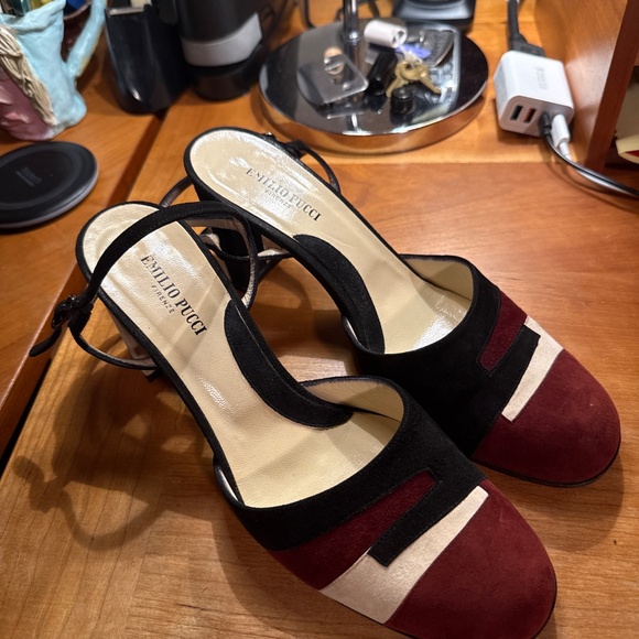 Emilio Pucci Italian Suede Colorblock Block Heel Slingbacks Size 39 - Picture 9 of 9